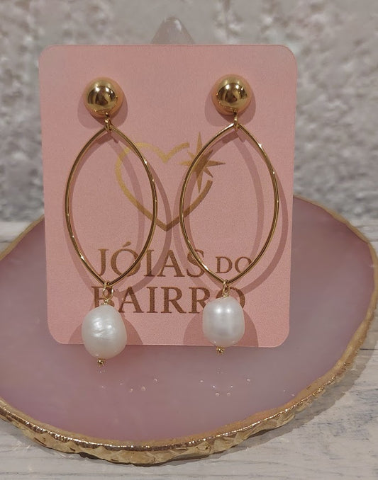 Brinco Argola Oval com Perola Branca